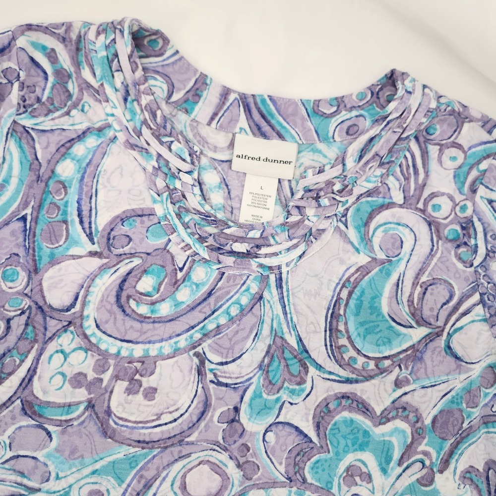 Alfred Dunner Womens Purple Teal Paisley Top Size L Artsy Pastel Spring Casual